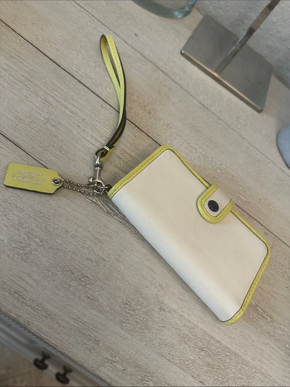 Coach White Leather Phone Case with Yellow Trim and Wristlet
